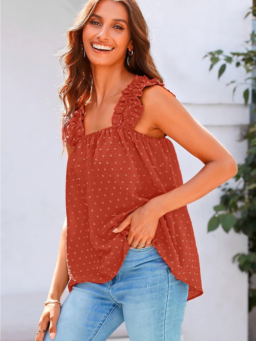 Ruffled Strap Rust Tank Top for Women
